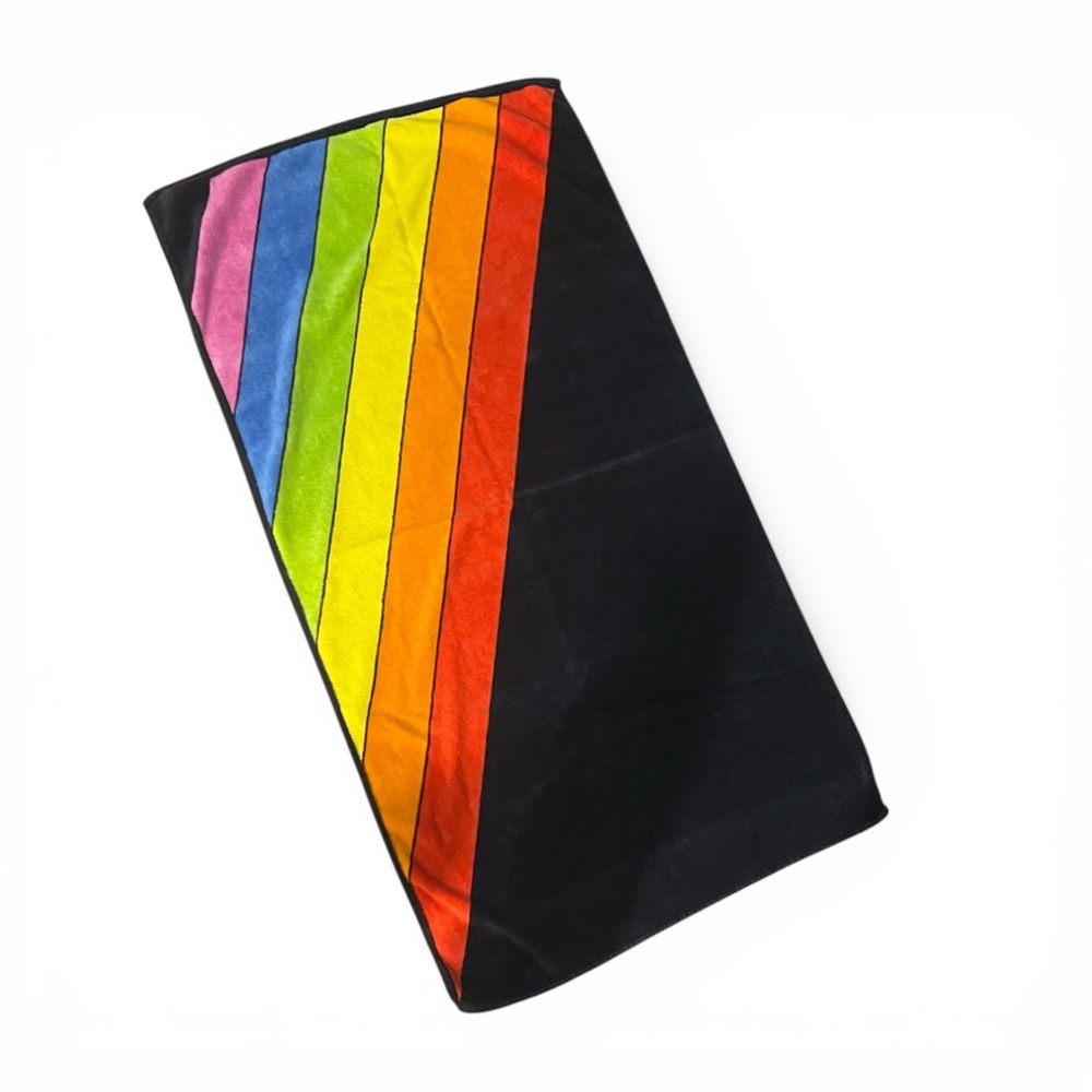 Vintage 80s JCPenney Rainbow Stripe Beach Towel Black Retro Pool